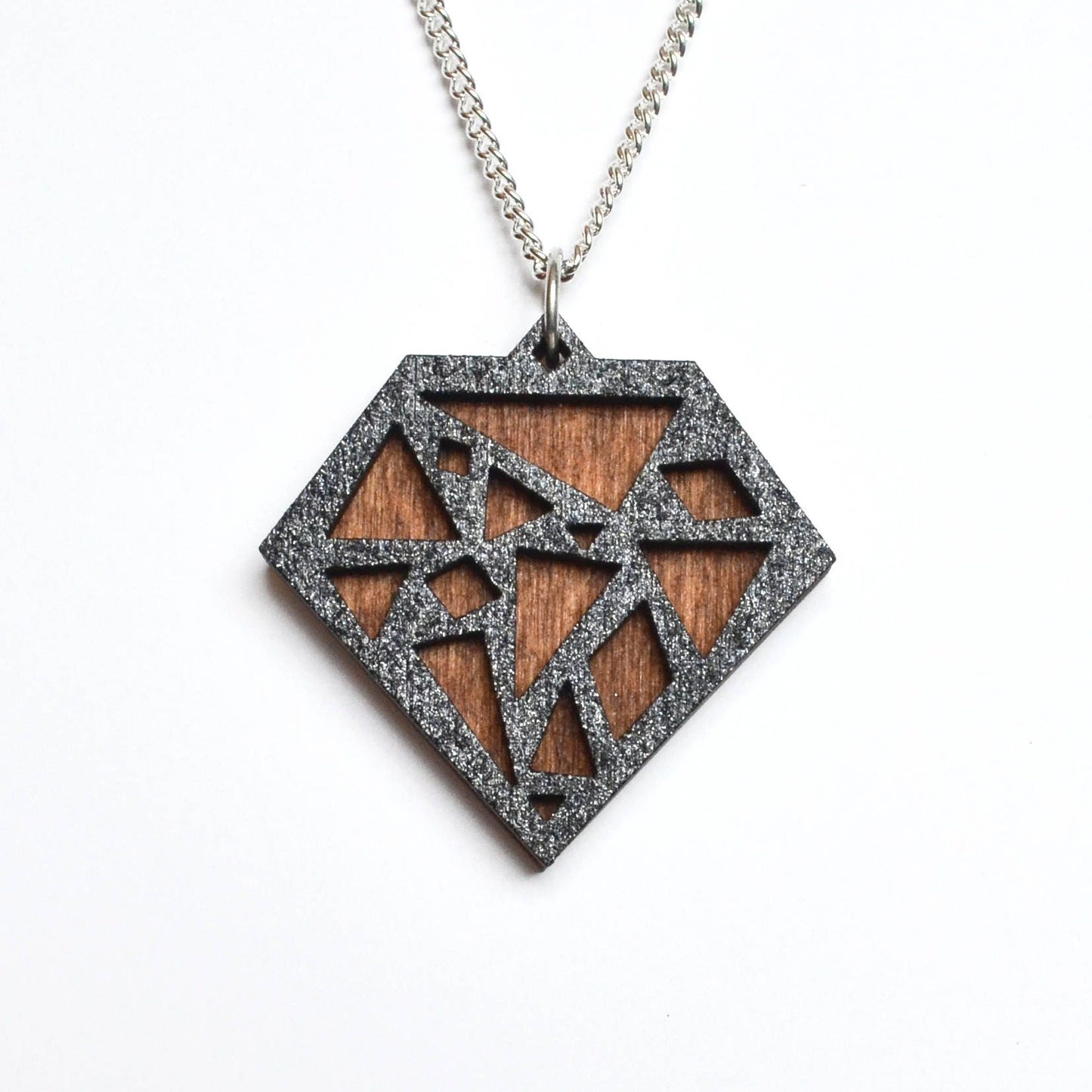 Hand Painted Wooden Art Deco Geometric Diamond Laser Cut Necklace - Medium Style Design 3